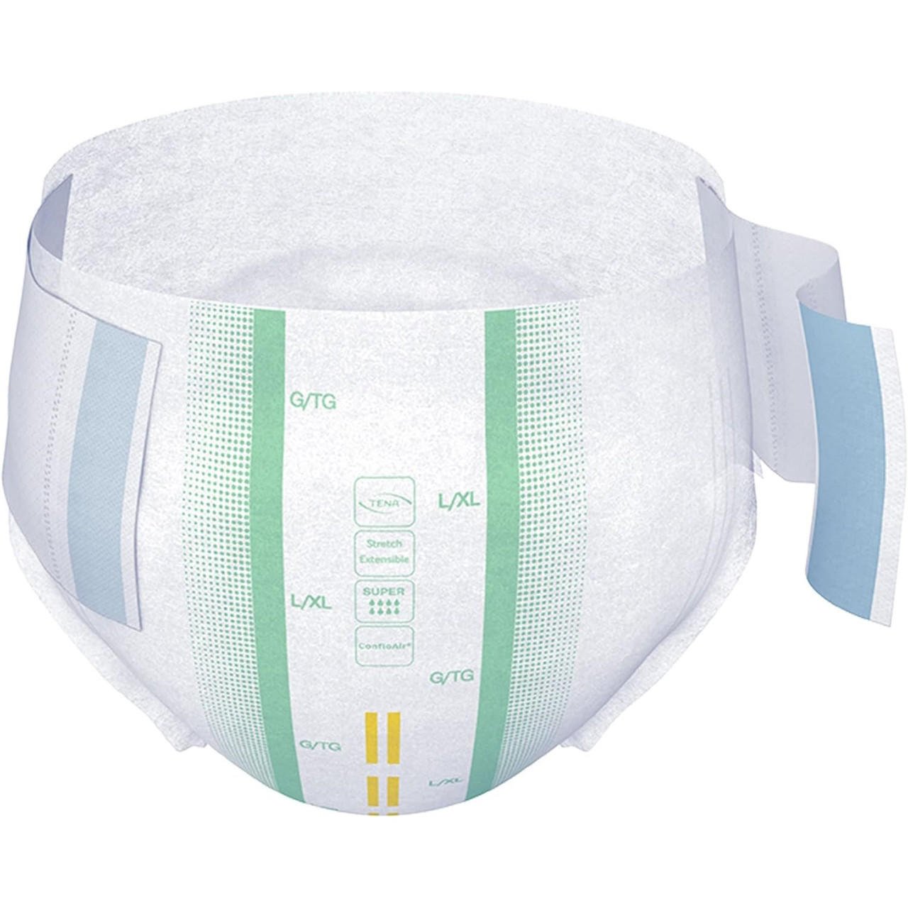 White L/XL stretch super brief with elastic side panels and absorbent core, close-up