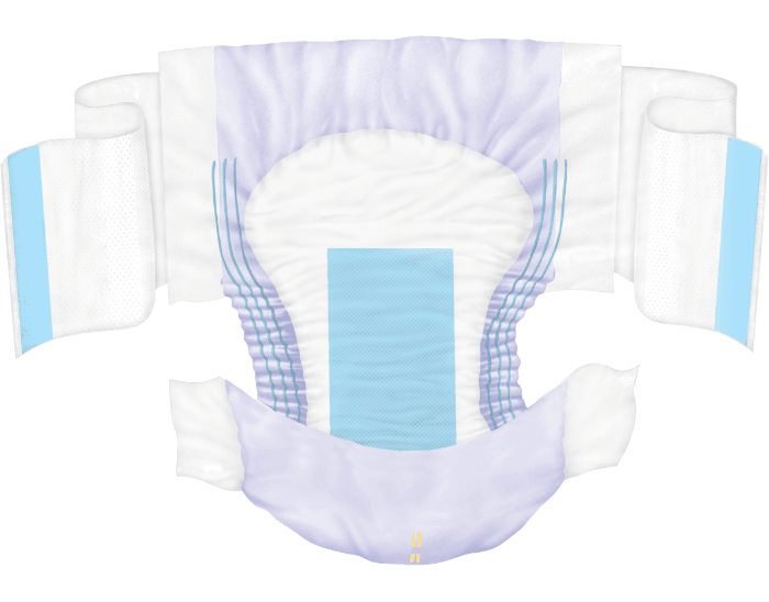 Stretch incontinence brief viewed from back with soft back panels, white with blue