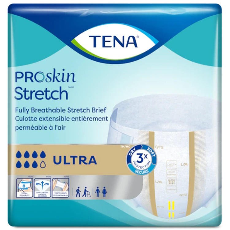 ProSkin Stretch Ultra incontinence briefs package front, breathable stretch design
