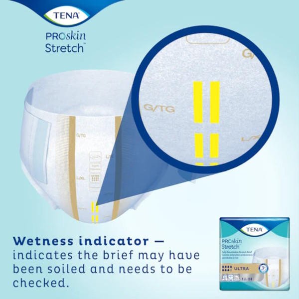 Stretch incontinence brief close-up of wetness indicator lines for when to check