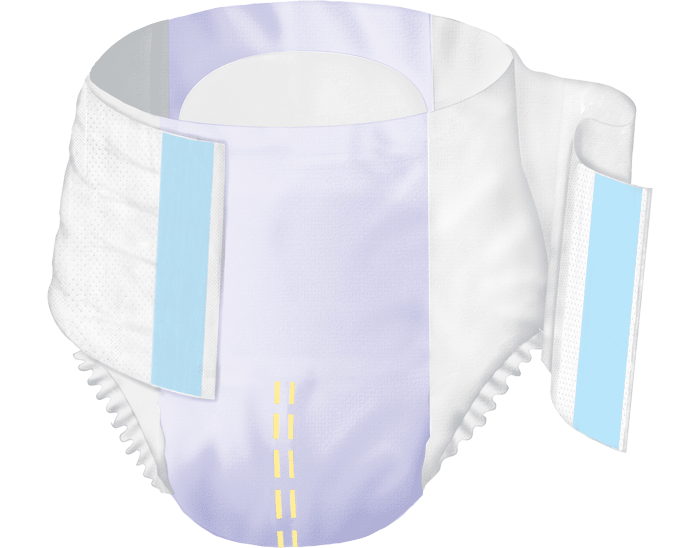 Stretch incontinence brief with leg openings and vertical adhesive tabs, white with blue