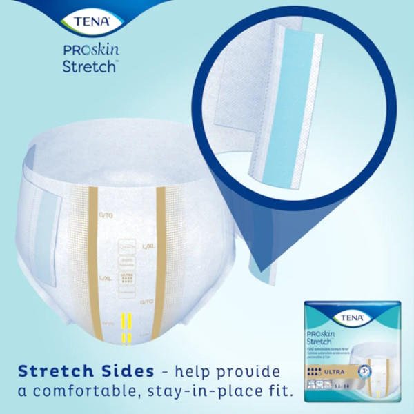 Stretch incontinence brief close-up of stretch sides, designed to help stay in place