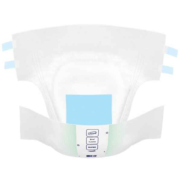 Disposable adult brief, rear view with breathable coverage and size label