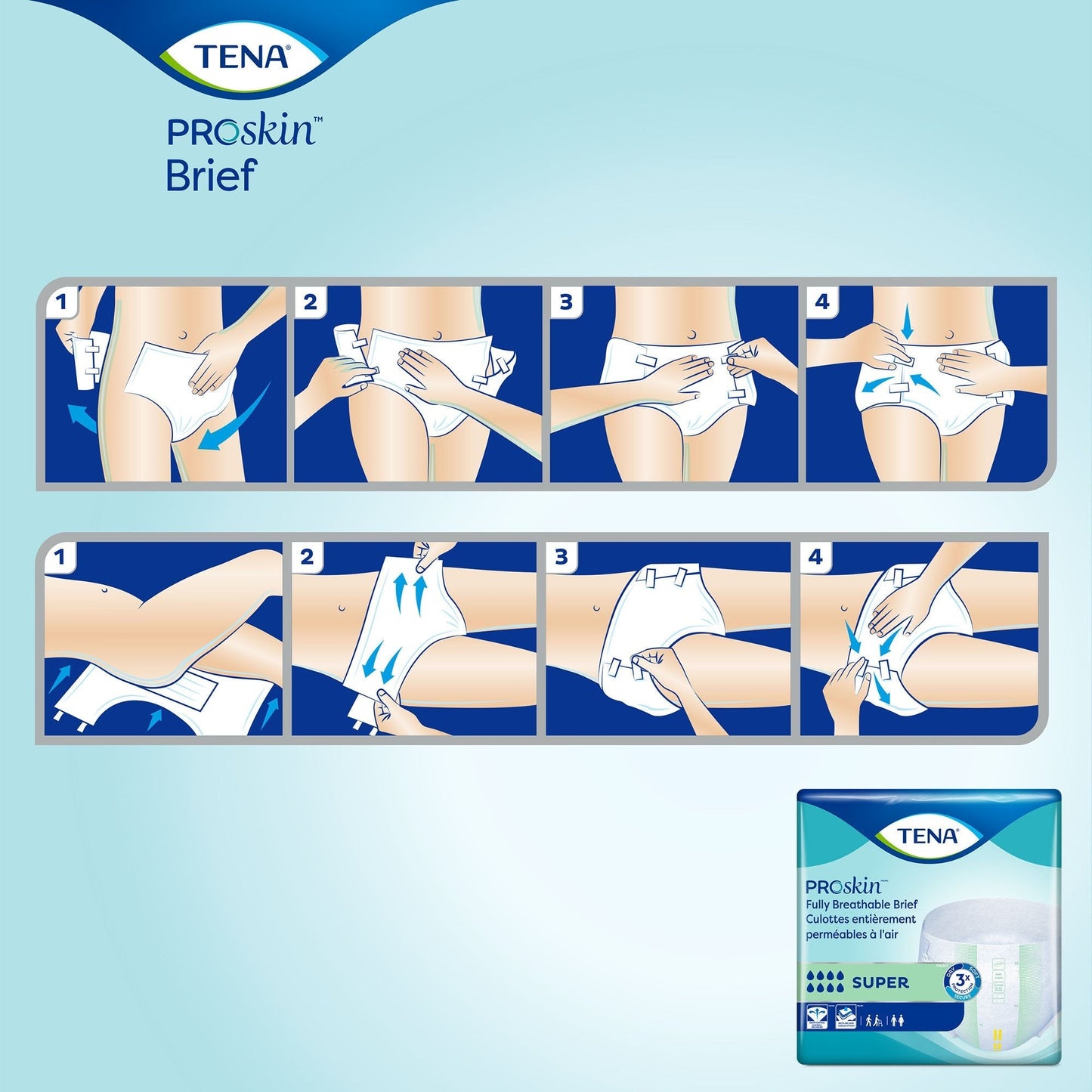 Adult brief fitting steps diagram showing how to unfold, position, and secure