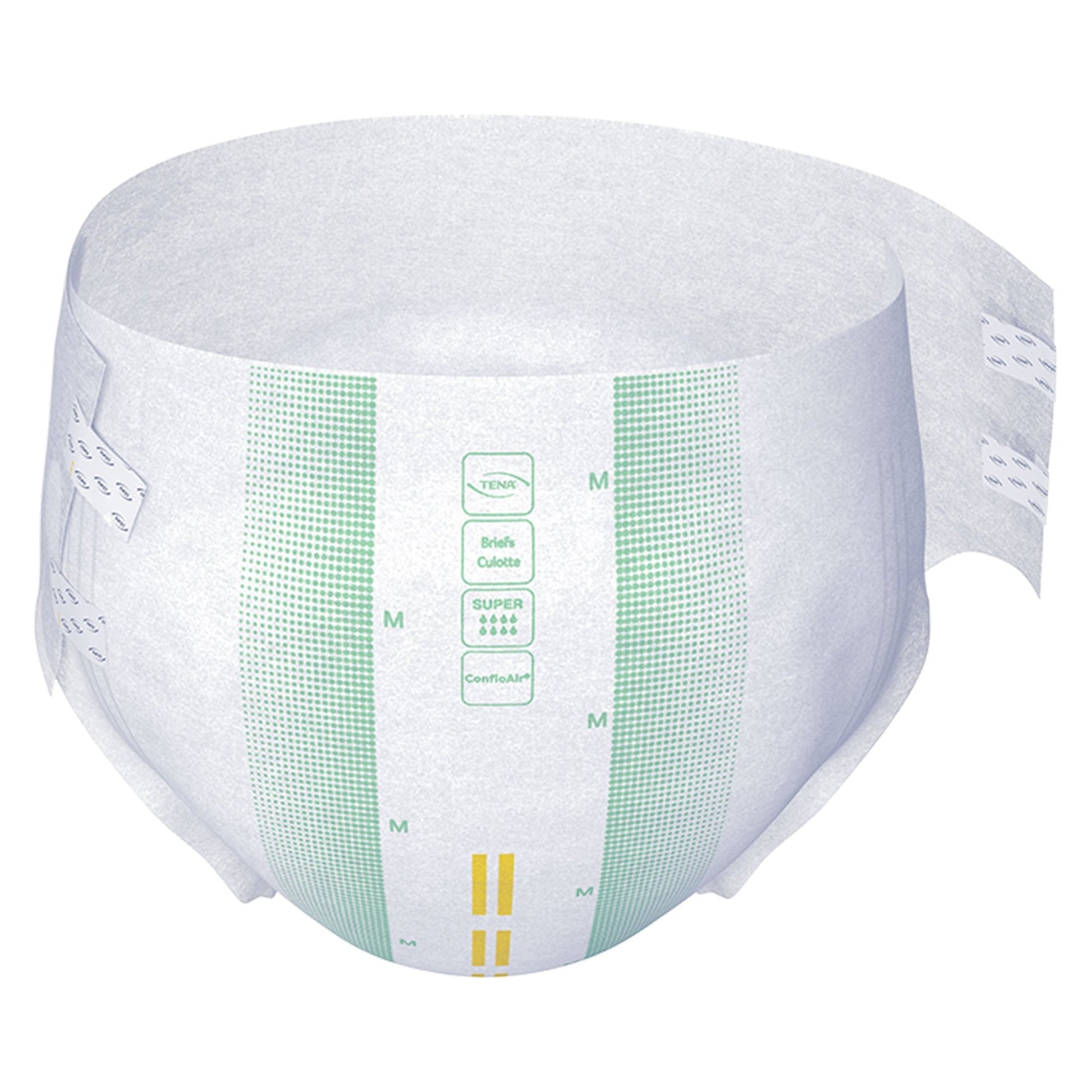 Disposable adult briefs, breathable outer with green indicator panels and size M