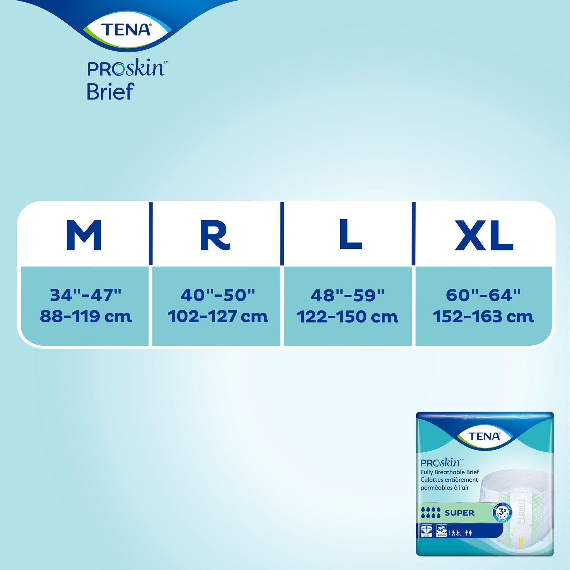ProSkin Super brief size chart with M, R, L, XL fit ranges in inches and cm