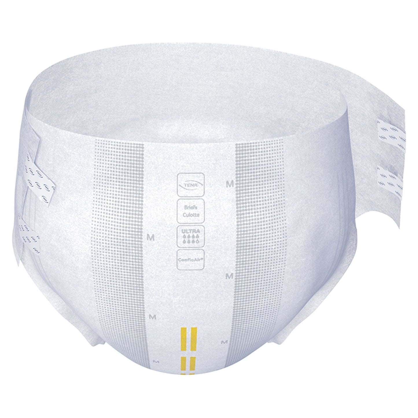 Light-gray breathable incontinence brief with size markings on fabric