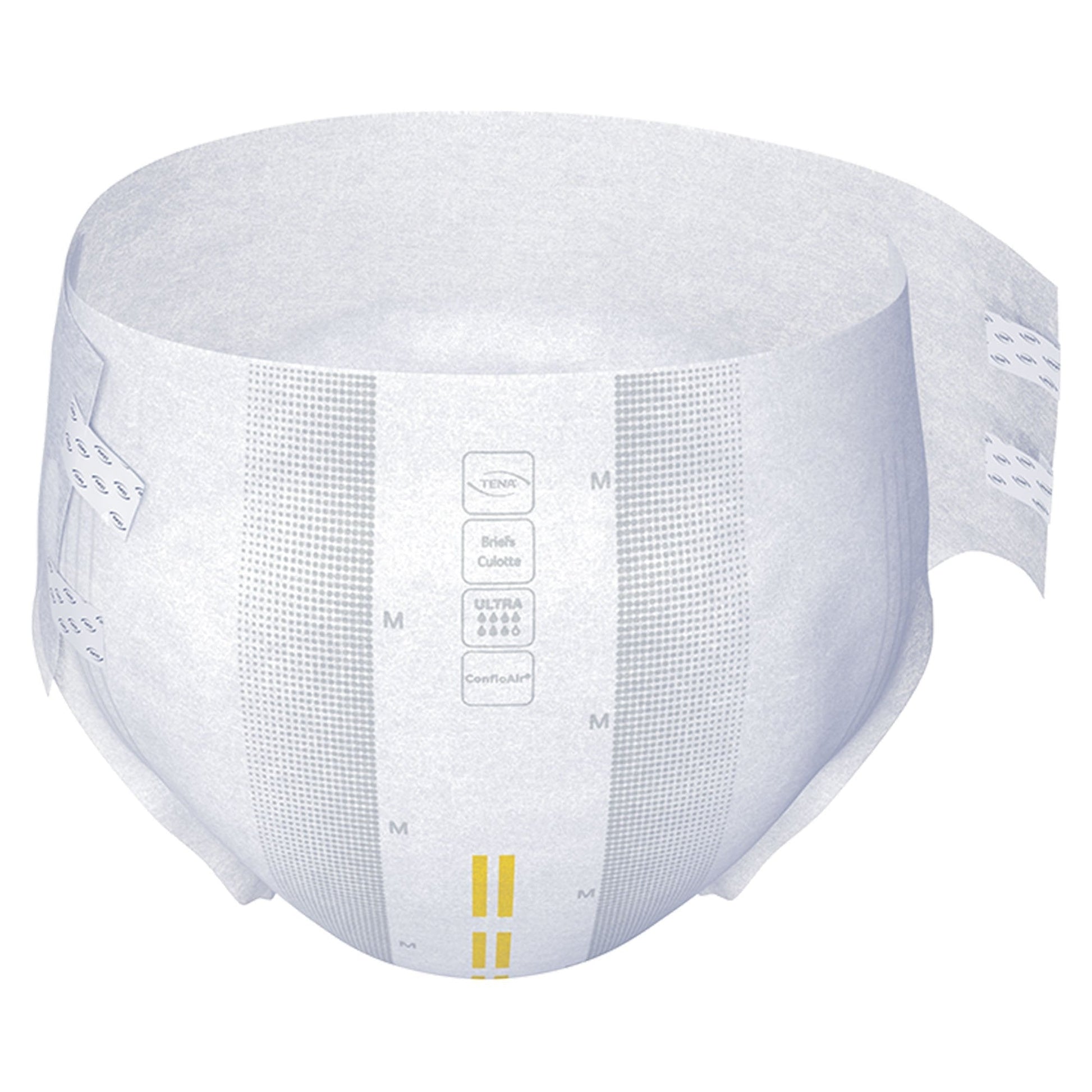 Light-gray breathable incontinence brief with size markings on fabric