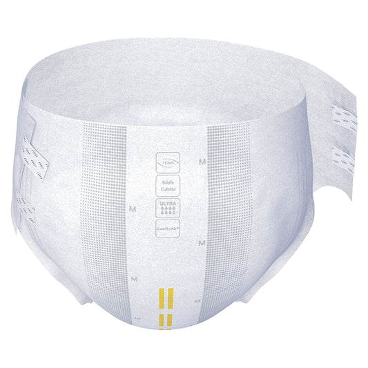 Light-gray breathable incontinence brief with size markings on fabric