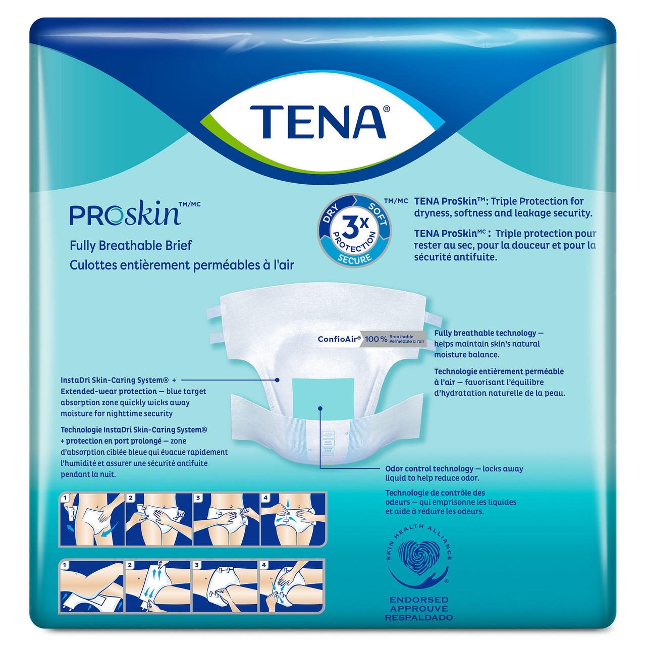 ProSkin ultra incontinence briefs, triple protection and use diagram on package