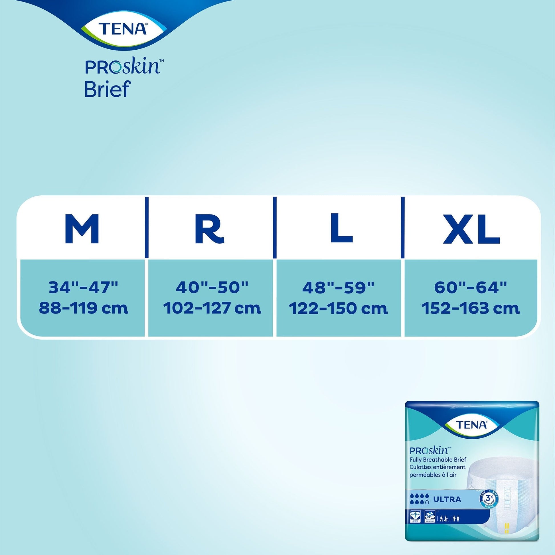 Size chart for adult incontinence briefs: M, R, L, XL measurements