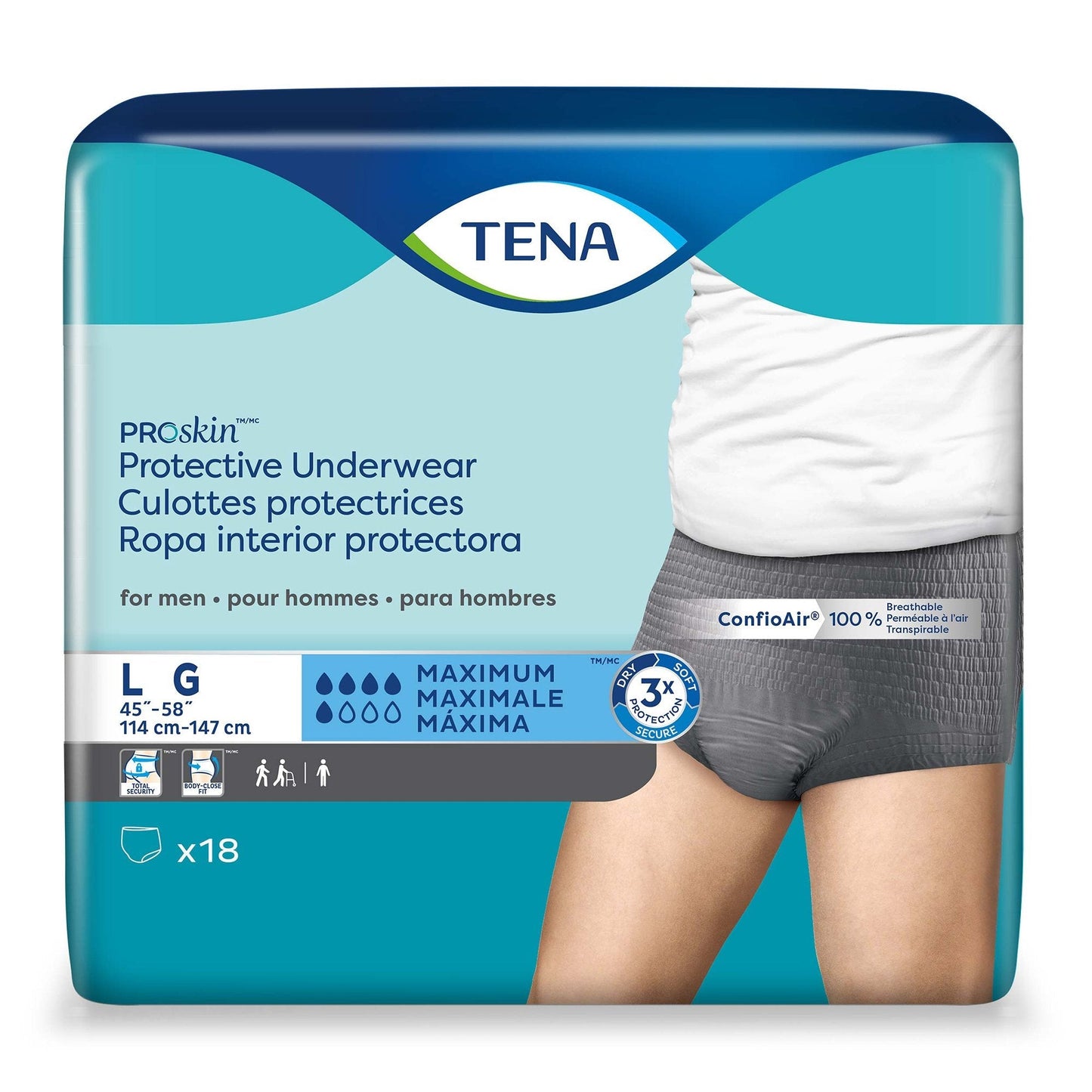 TENA ProSkin men’s protective underwear, size L, dark gray briefs (18-pack)
