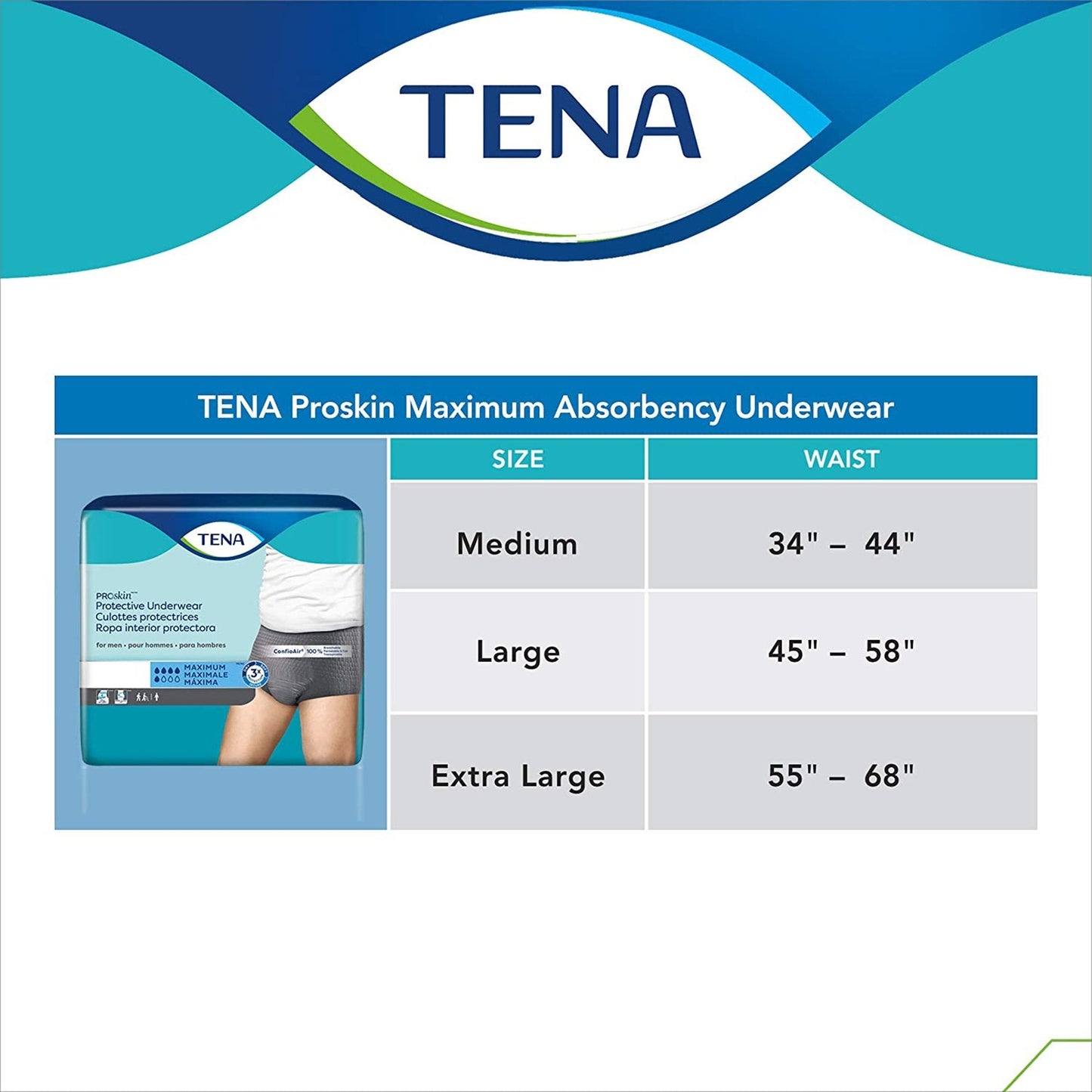 TENA ProSkin maximum absorbency underwear size chart: medium, large, extra large
