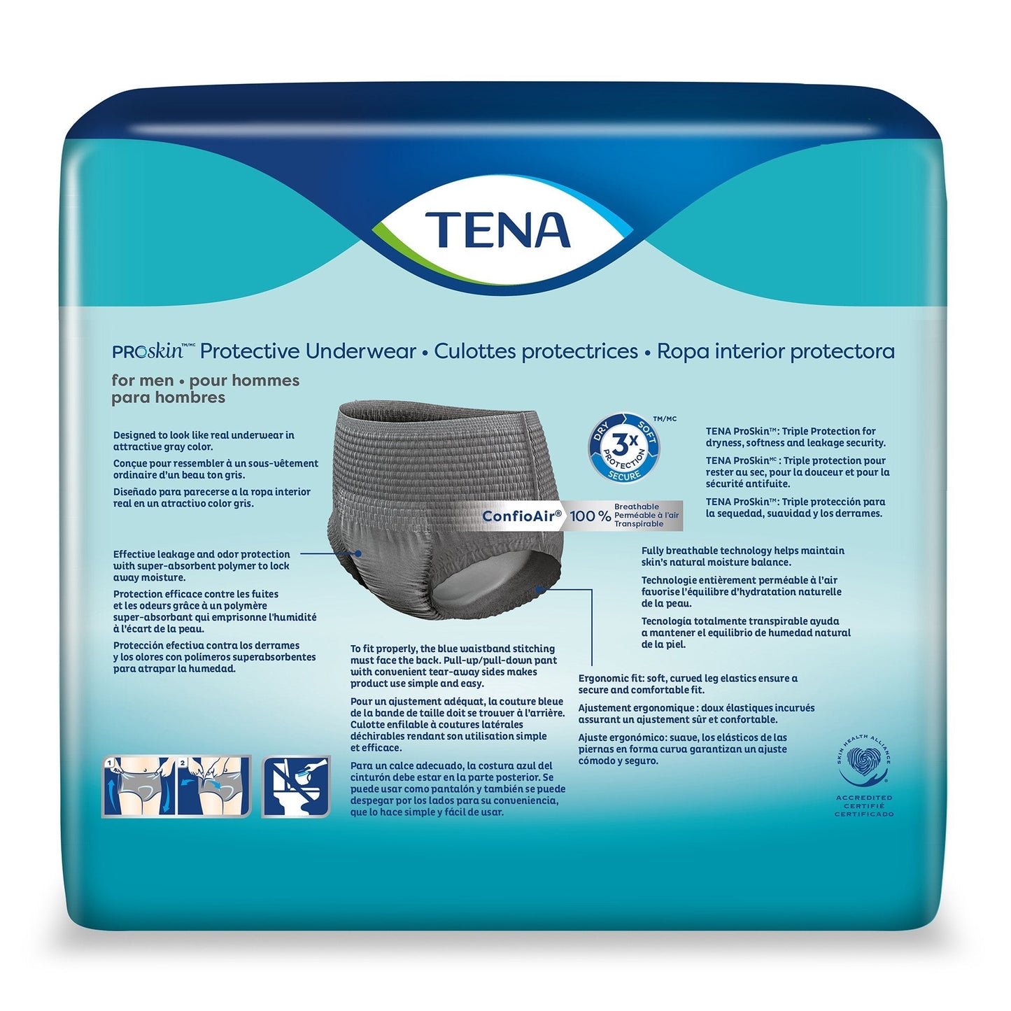 TENA ProSkin protective underwear, dark gray briefs shown on package back panel