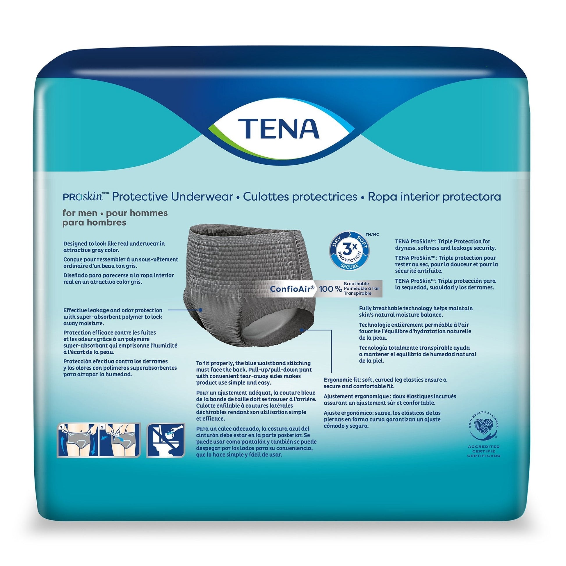 TENA ProSkin protective underwear, dark gray briefs shown on package back panel