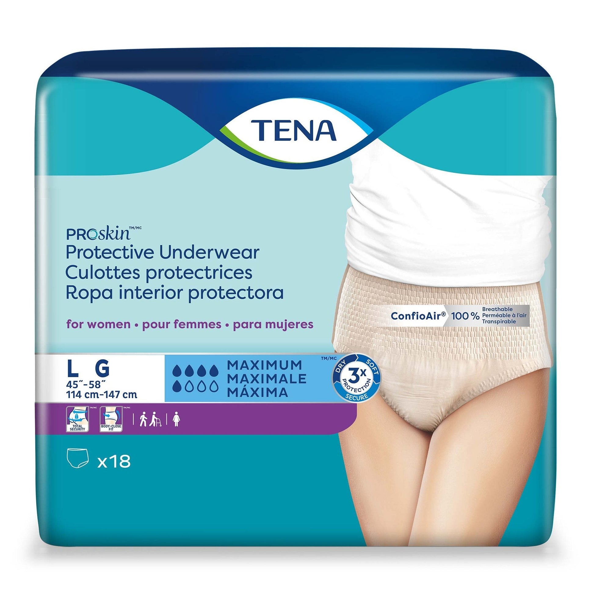 Women’s protective underwear, LG size, maximum absorbency, ConfioAir, 18-count pack