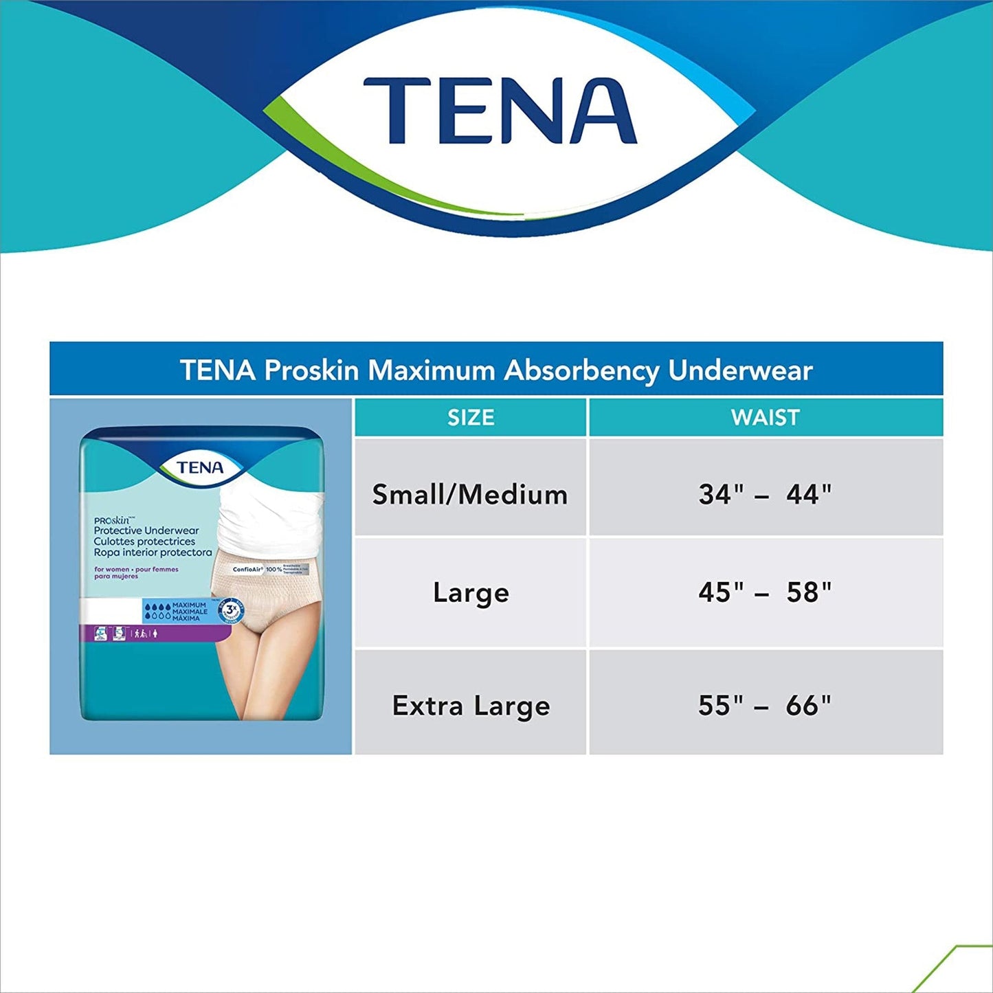 Size chart for protective underwear: S/M 34–44, Large 45–58, Extra Large 55–66