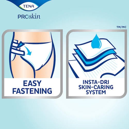 Easy fastening and Insta-Dri skin-care system graphic for youth diaper briefs