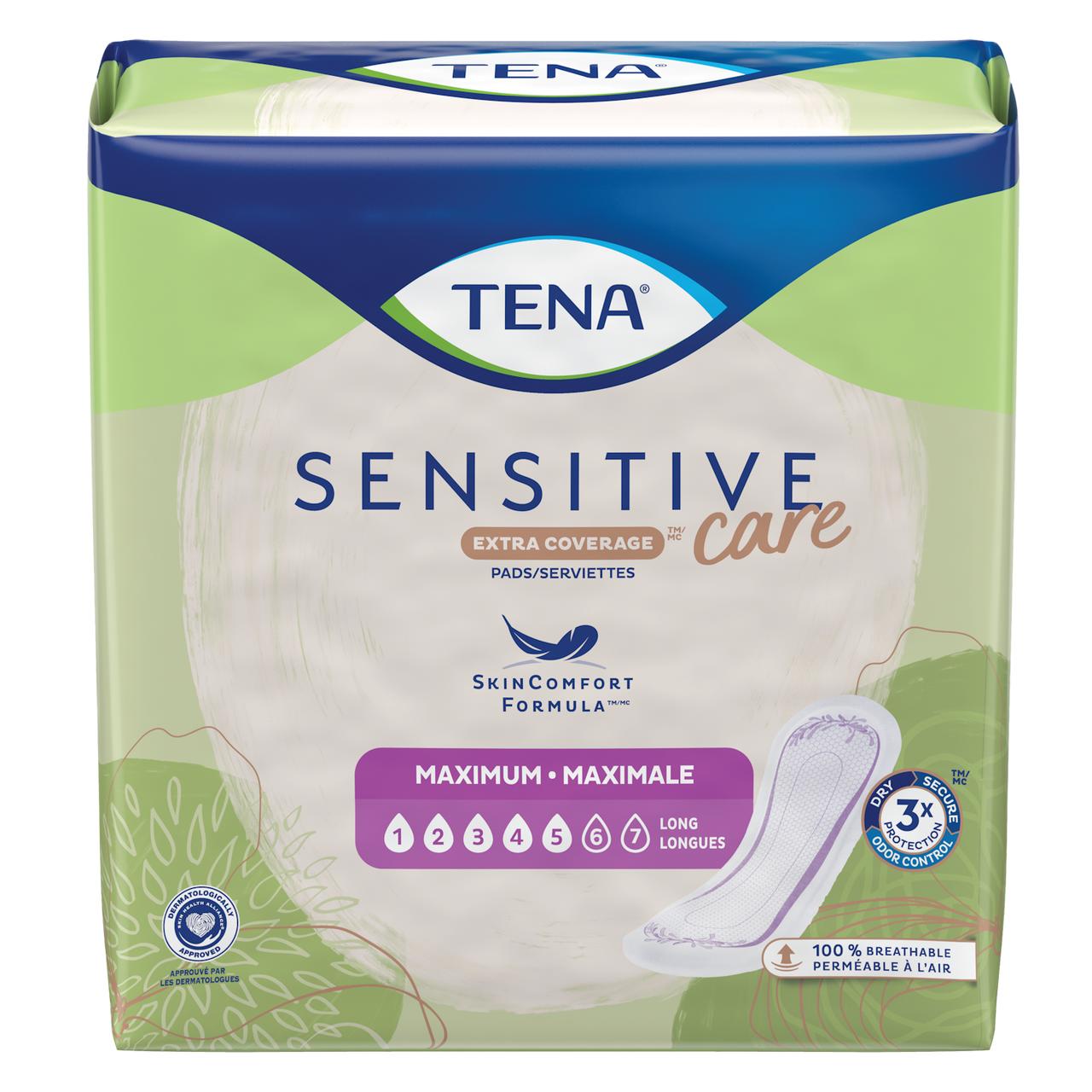 TENA Sensitive Care Maximum Long Pads packaging, extra coverage for pads/serviettes