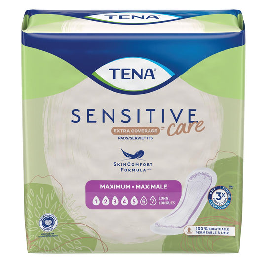 TENA Sensitive Care Maximum Long Pads packaging, extra coverage for pads/serviettes