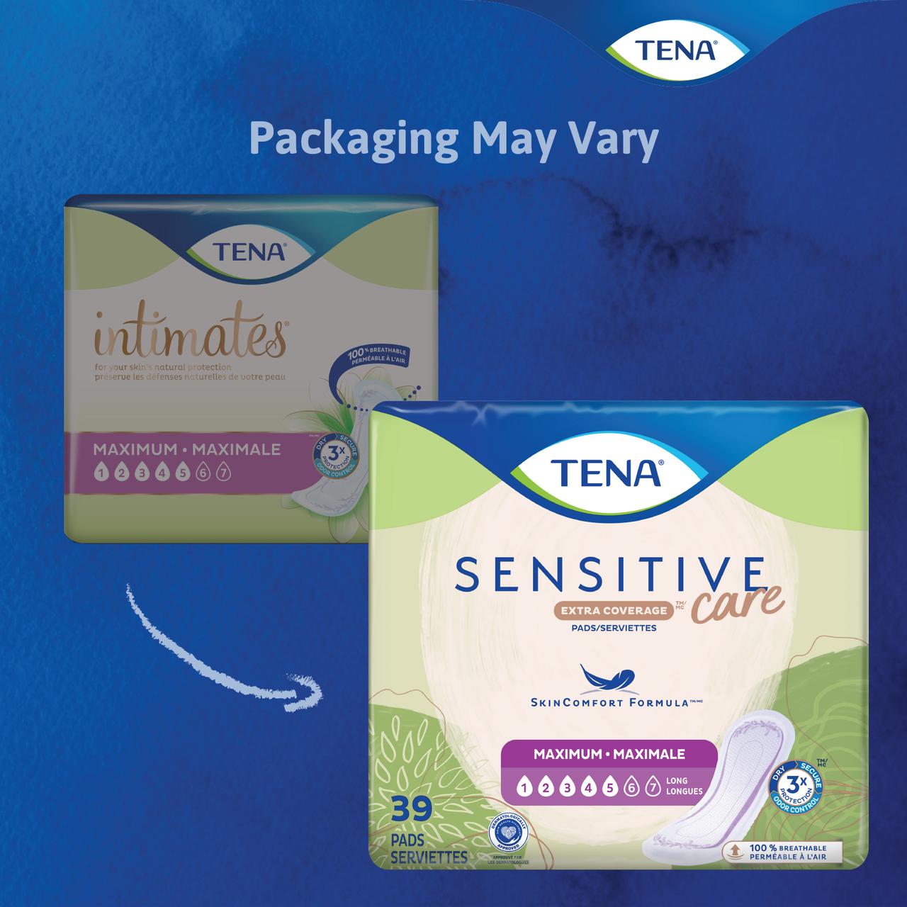 TENA Sensitive Care Maximum Long Pads, pack of 39 pads/serviettes shown on box