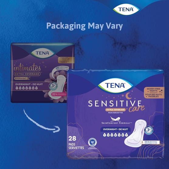 TENA Sensitive Care overnight pads 28 pack shown, packaging may vary