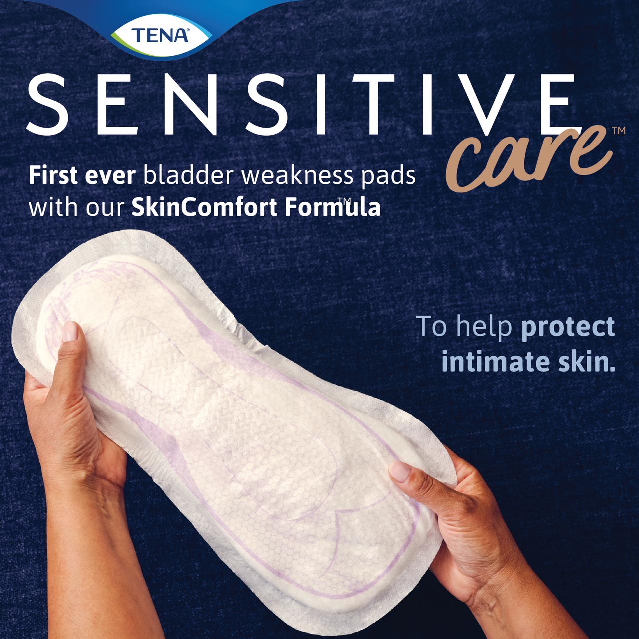 Sensitive Care overnight pad held in hand, SkinComfort Formula for intimate skin