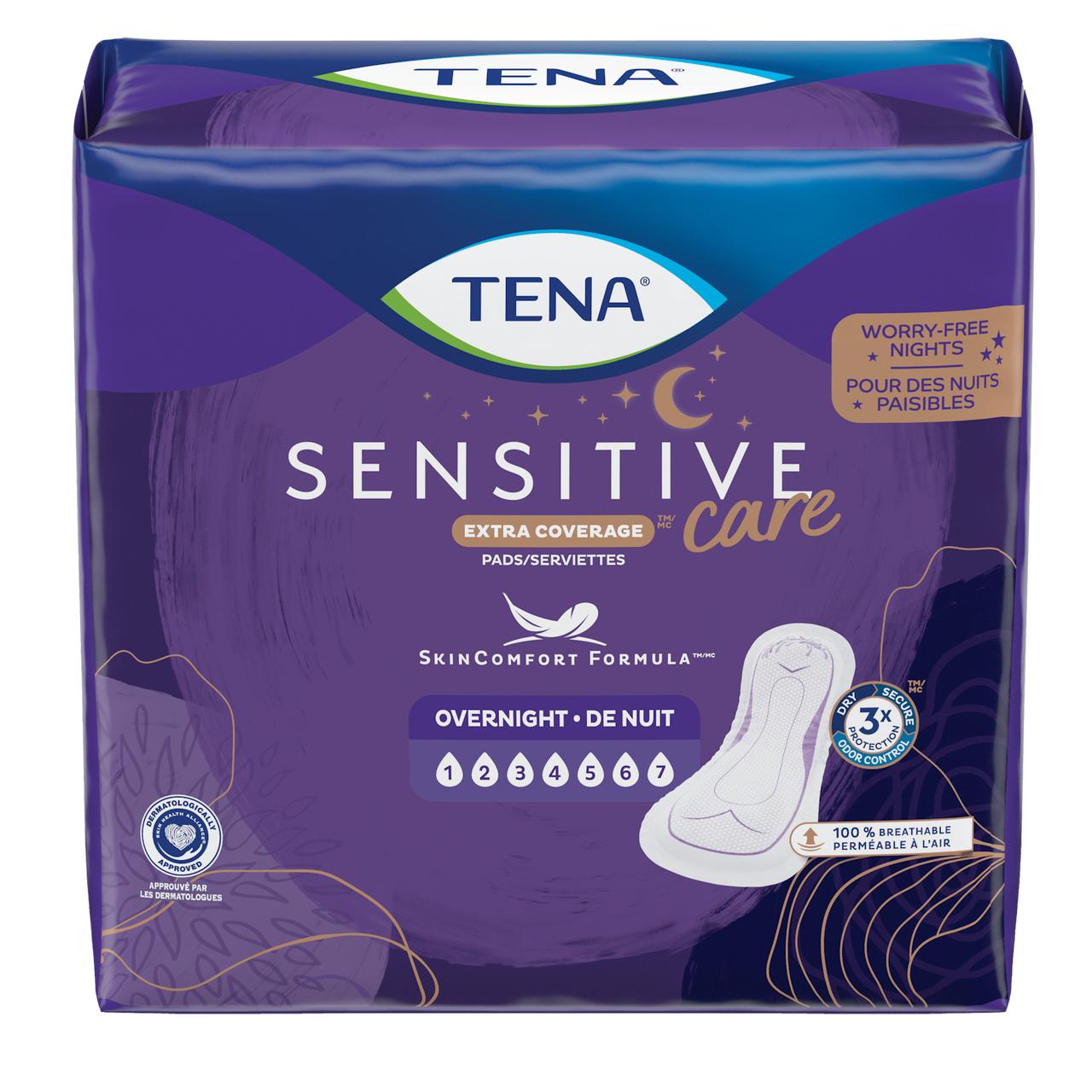 TENA Sensitive Care extra coverage overnight pads pack with worry-free nights label