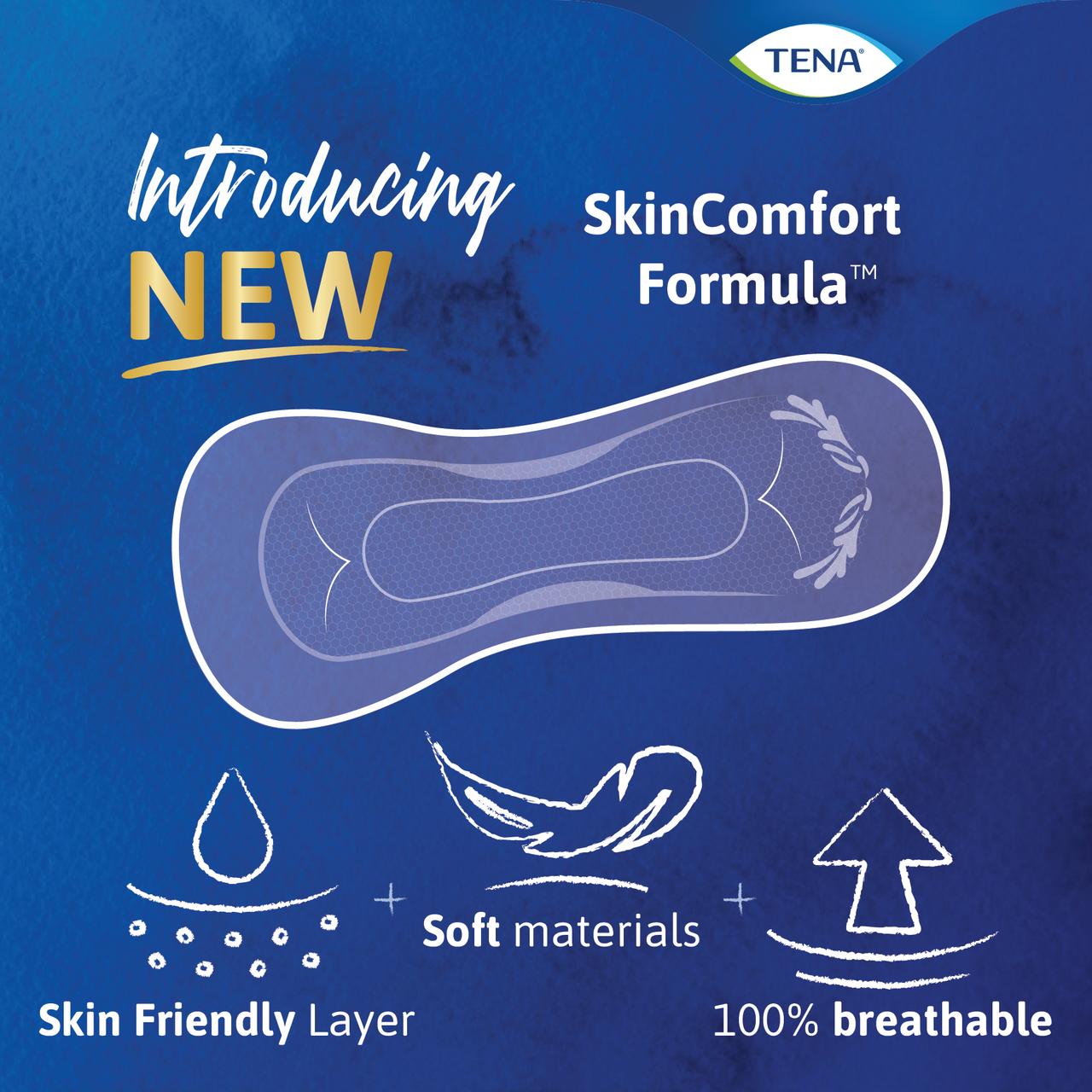 SkinComfort Formula overnight pad diagram with skin-friendly layer and 100% breathable