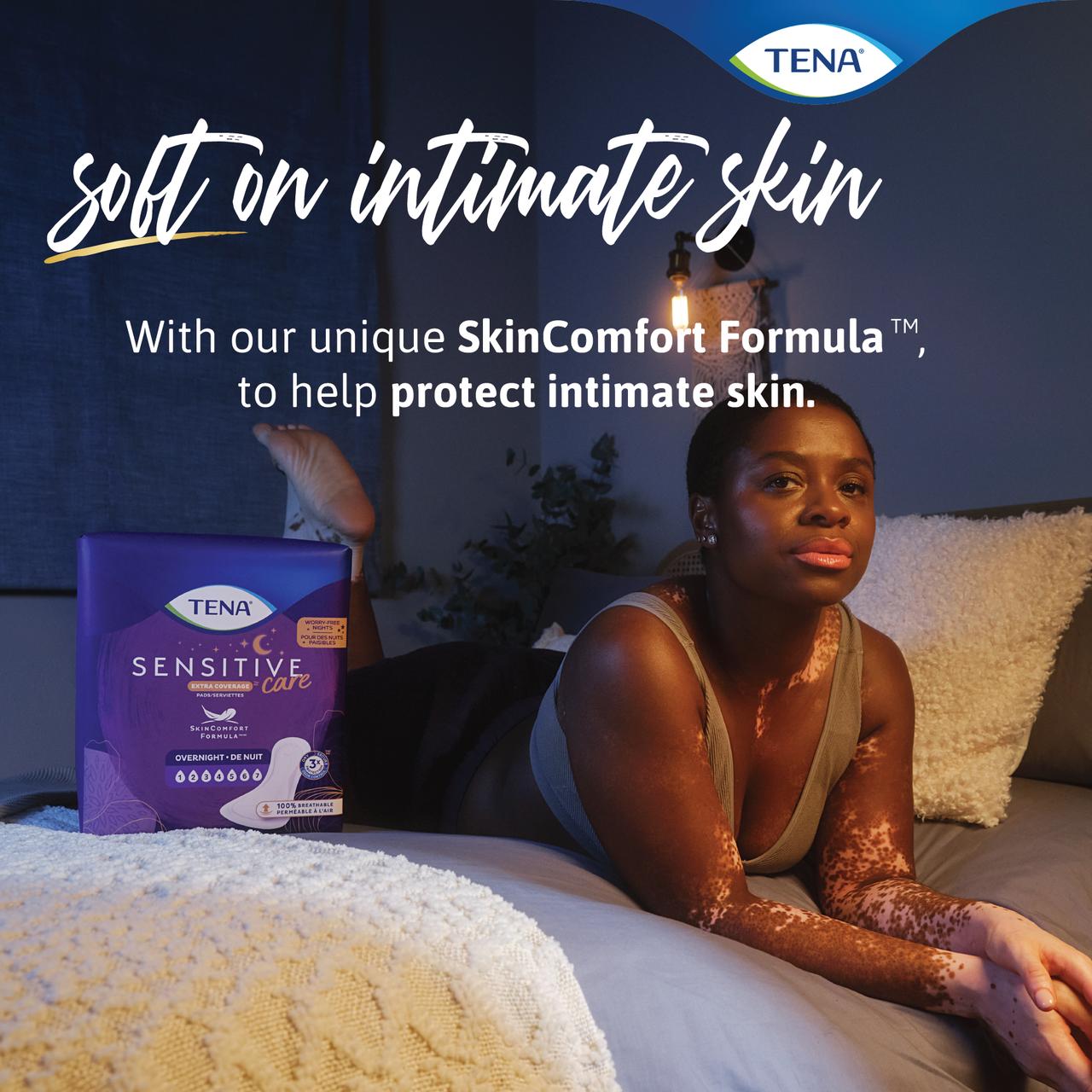 Sensitive Care overnight pads box beside a pad, SkinComfort Formula text