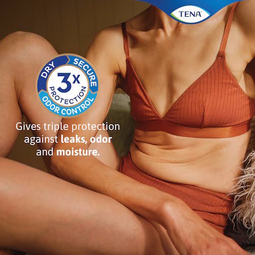 Sensitive Care pads marketing panel: triple protection against leaks, odor, and moisture