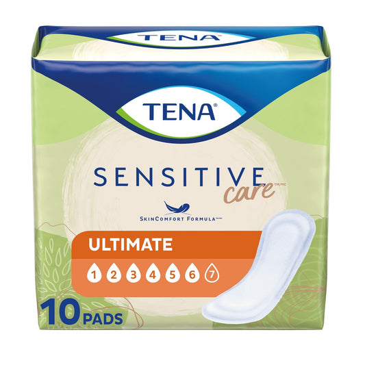TENA Sensitive Care Ultimate incontinence pads pack with 1 pad shown, 10 count