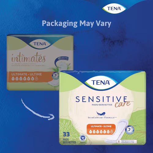 TENA Sensitive Care Ultimate pads package and box, 33-count pad pack shown