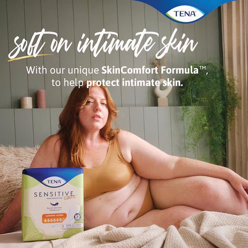 Sensitive Care pads pack with SkinComfort Formula text for protecting intimate skin