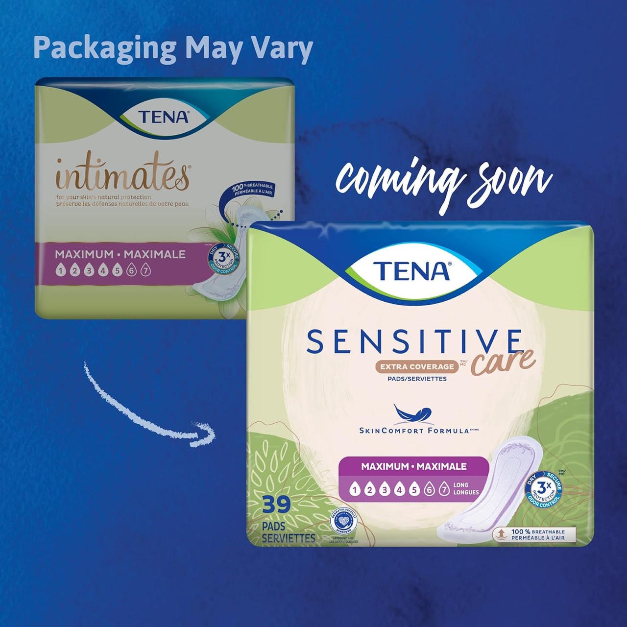 Two pad package fronts for Sensitive Care Maximum and Intimates