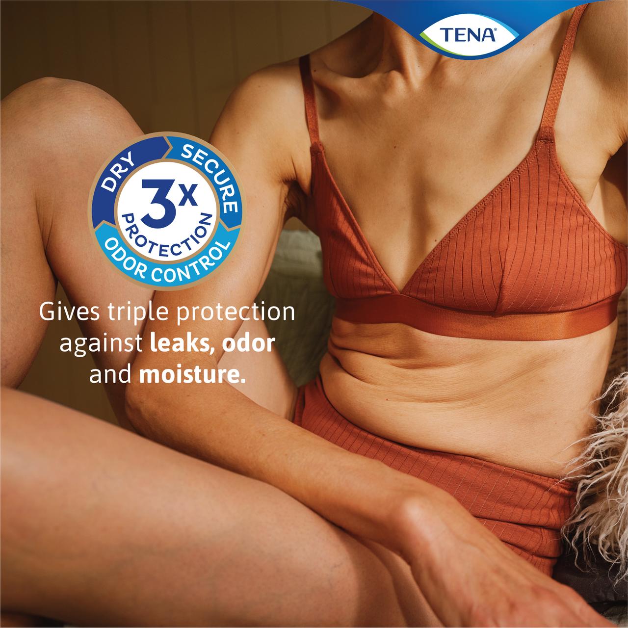 Person wearing a red bra and panties with TENA branding and product features.