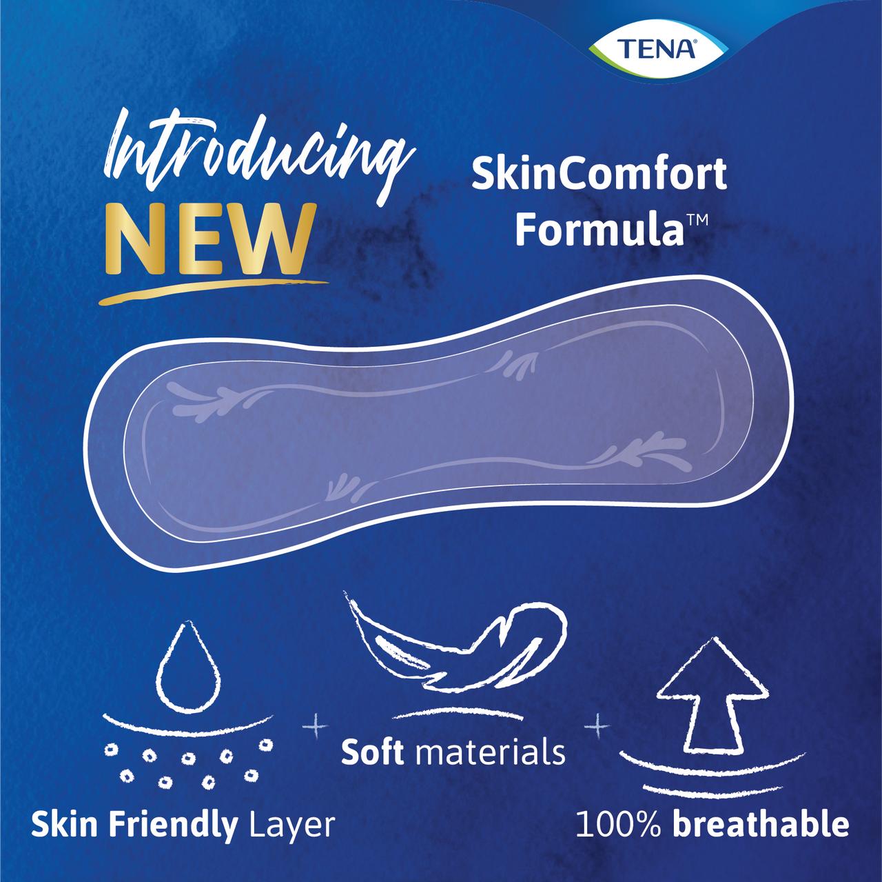 Advertisement for TENA SkinComfort Formula with product illustration and features on a blue background