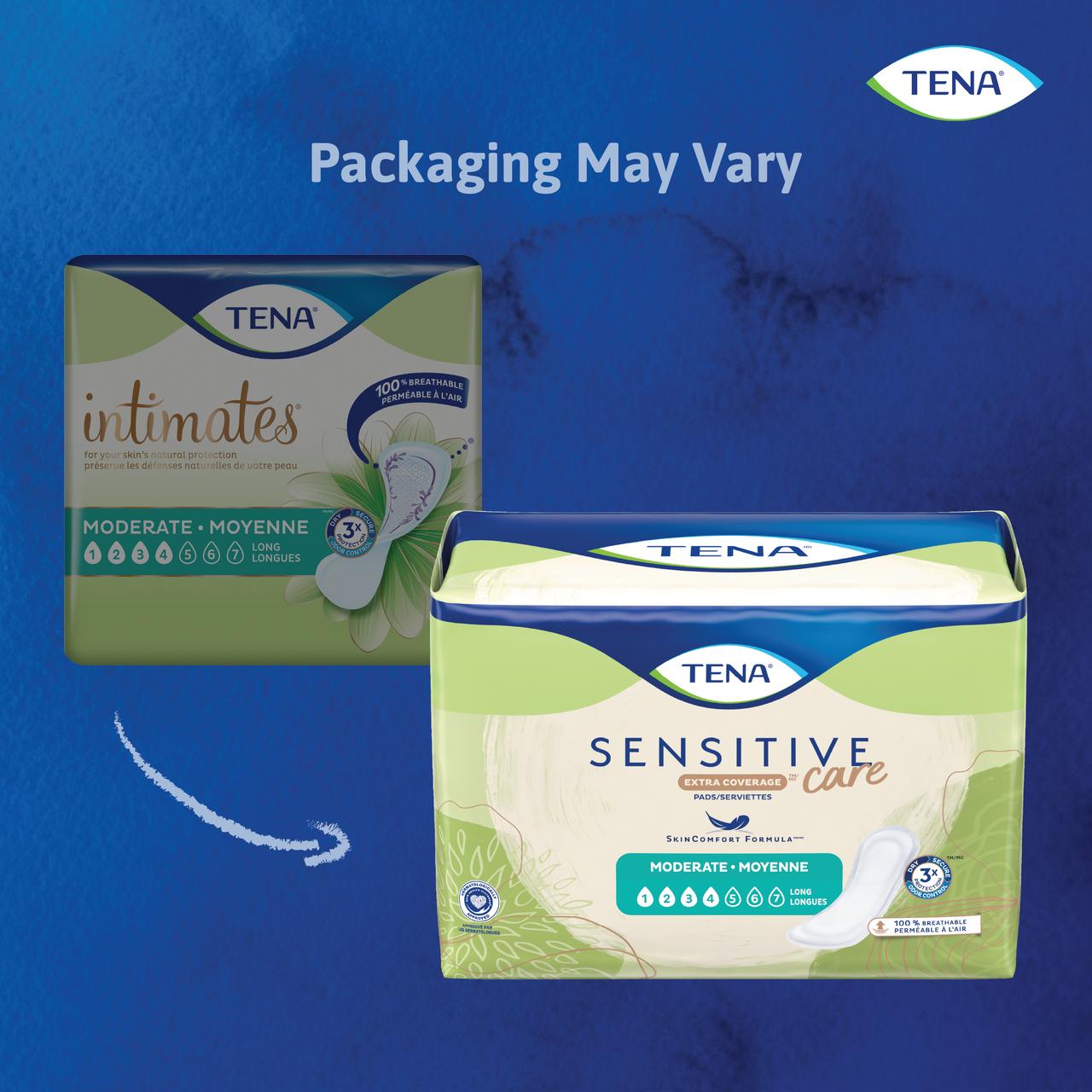 Two boxes of TENA products on a blue background with 'Packaging May Vary' text.