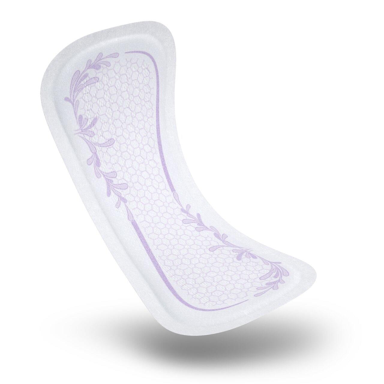 Close-up of ultra thin white pad with purple floral border