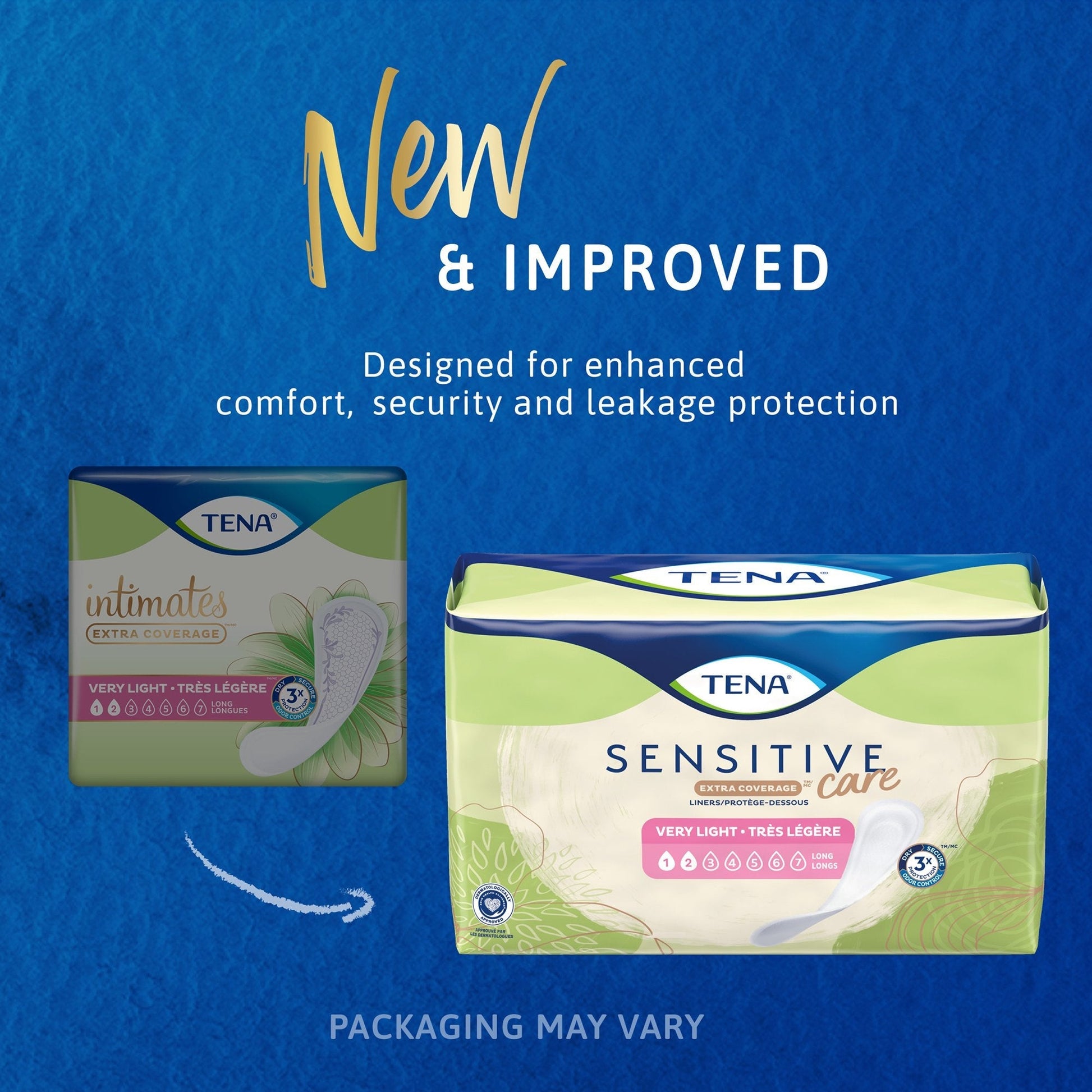 TENA Sensitive Care very light incontinence liners shown in front and side packs