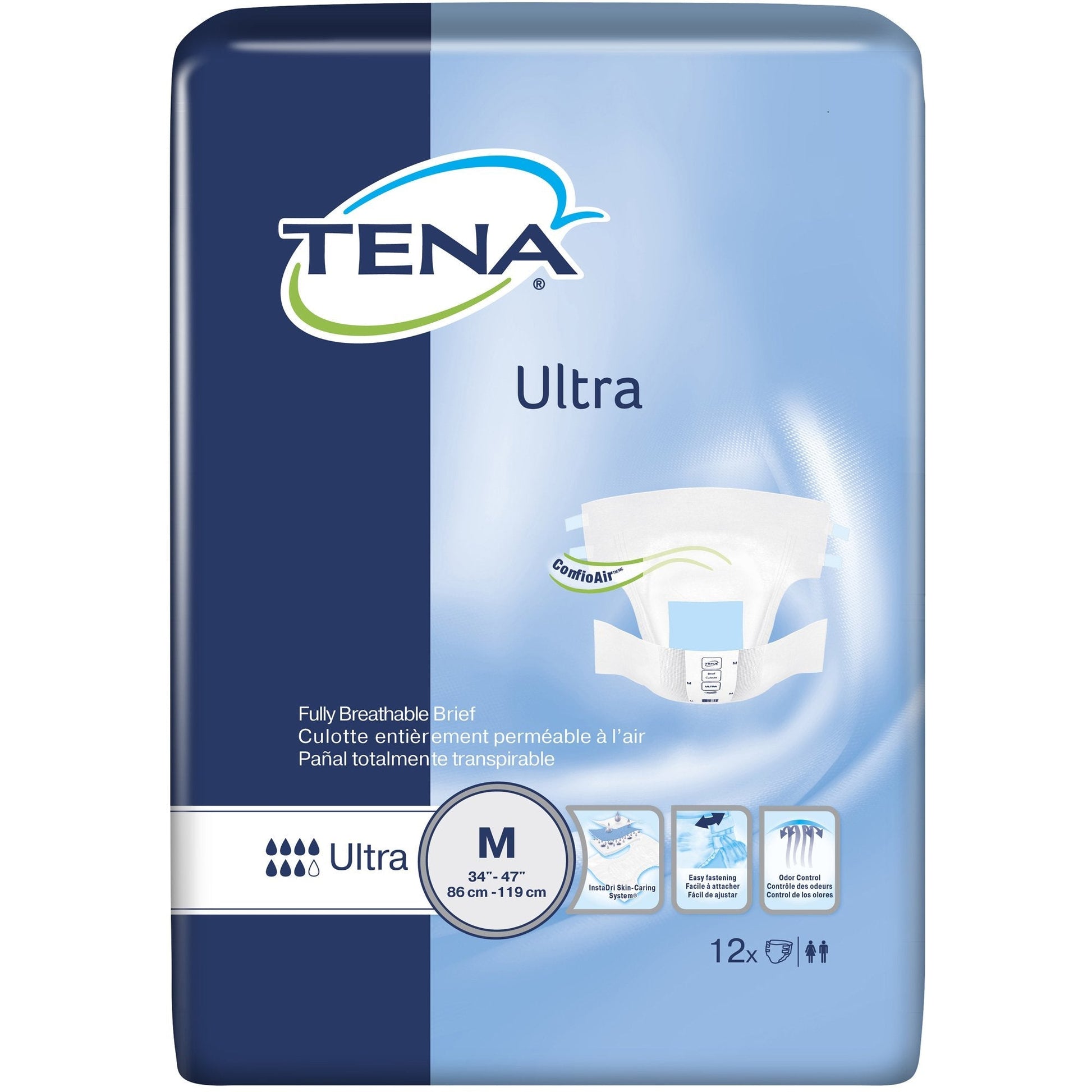 Ultra incontinence briefs pack, size M (34–47 in), breathable, 12 ct