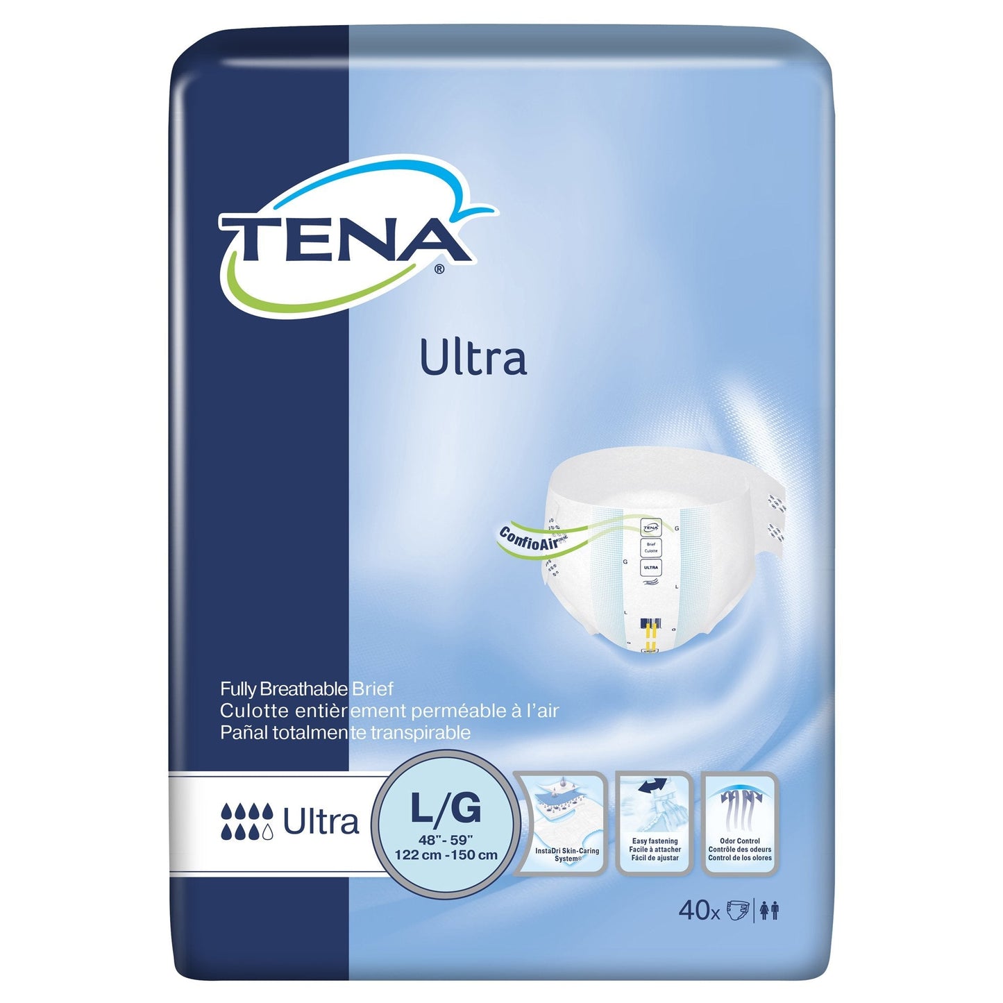 Ultra incontinence briefs pack, size L/G (48–59 in), breathable, 40 ct