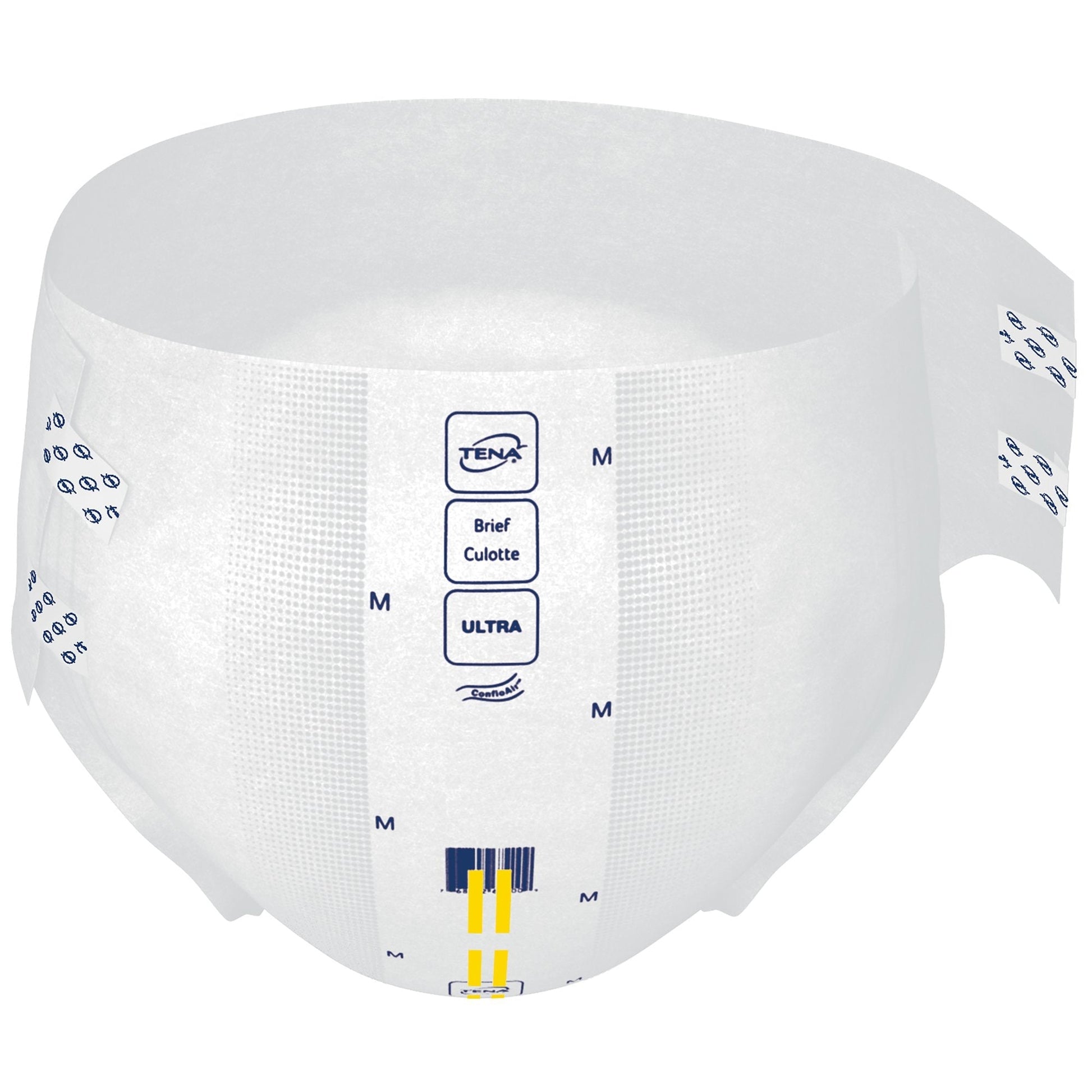 Ultra incontinence brief, size M, white disposable brief with printed size markers