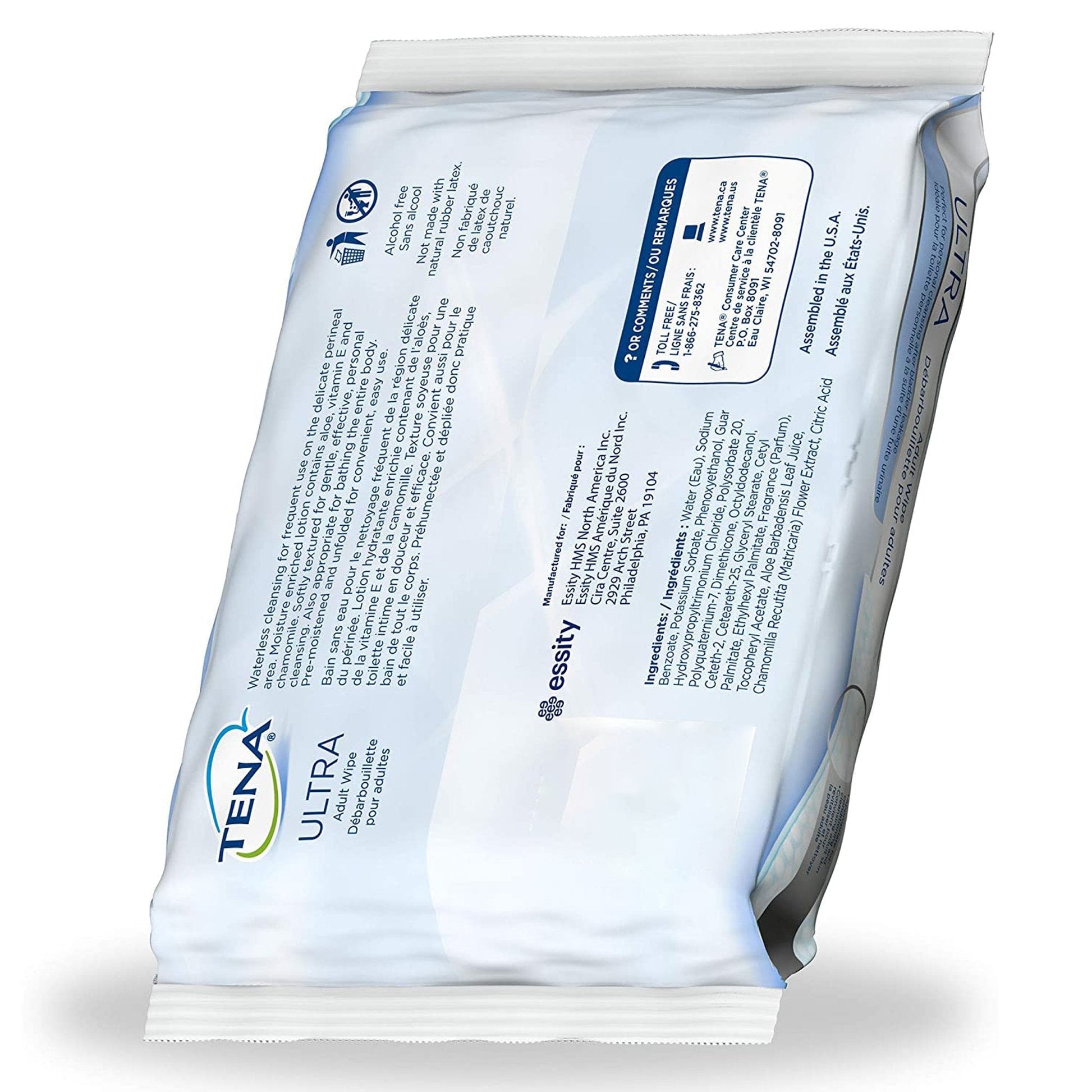 TENA UltraFlush washcloths package back with product information and usage text