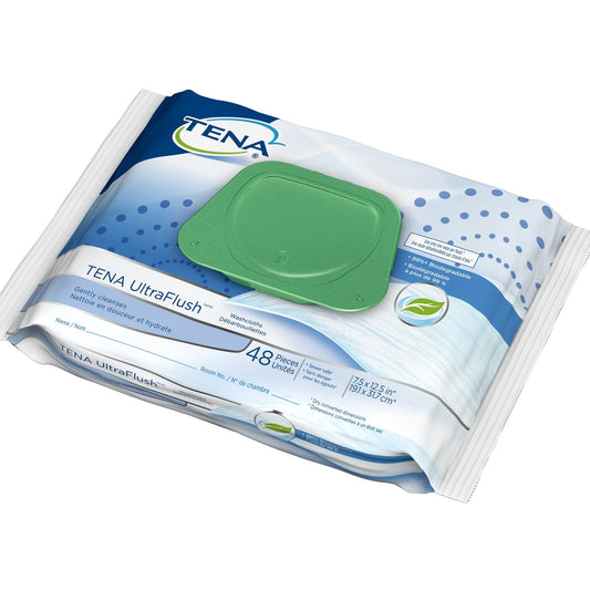 TENA UltraFlush washcloths, pack of 48; green wipe in blue-and-white pouch