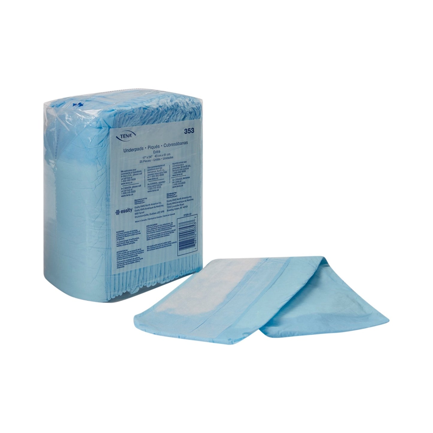 Light absorbency underpad set, folded absorbent pads, blue, with label on pack