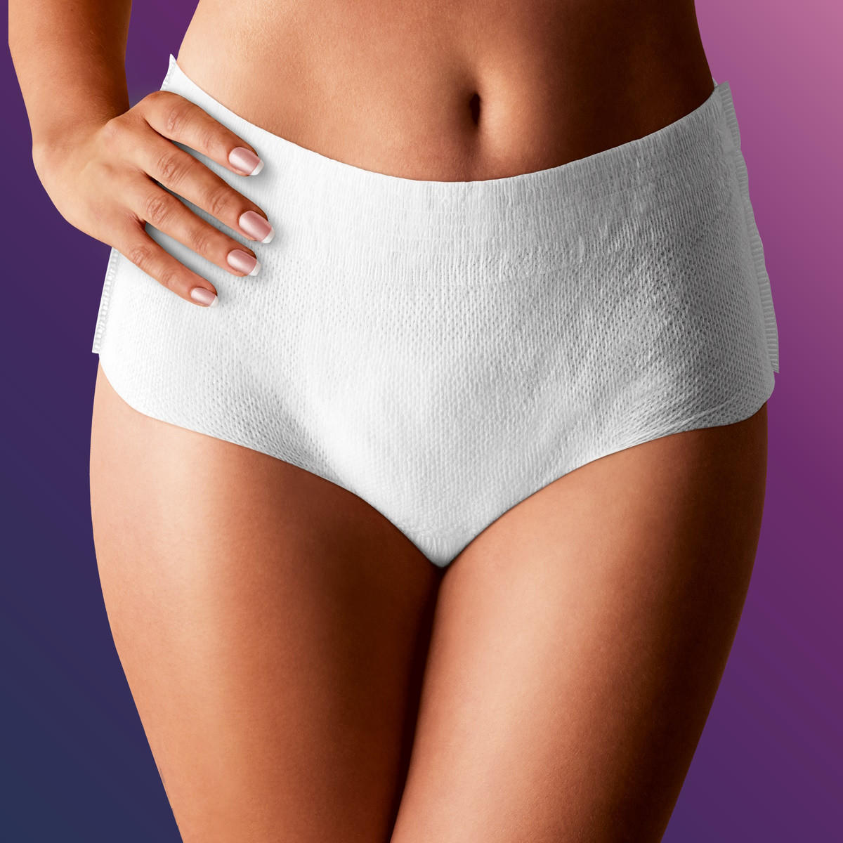 White protective underwear brief on model, full-coverage hipster cut