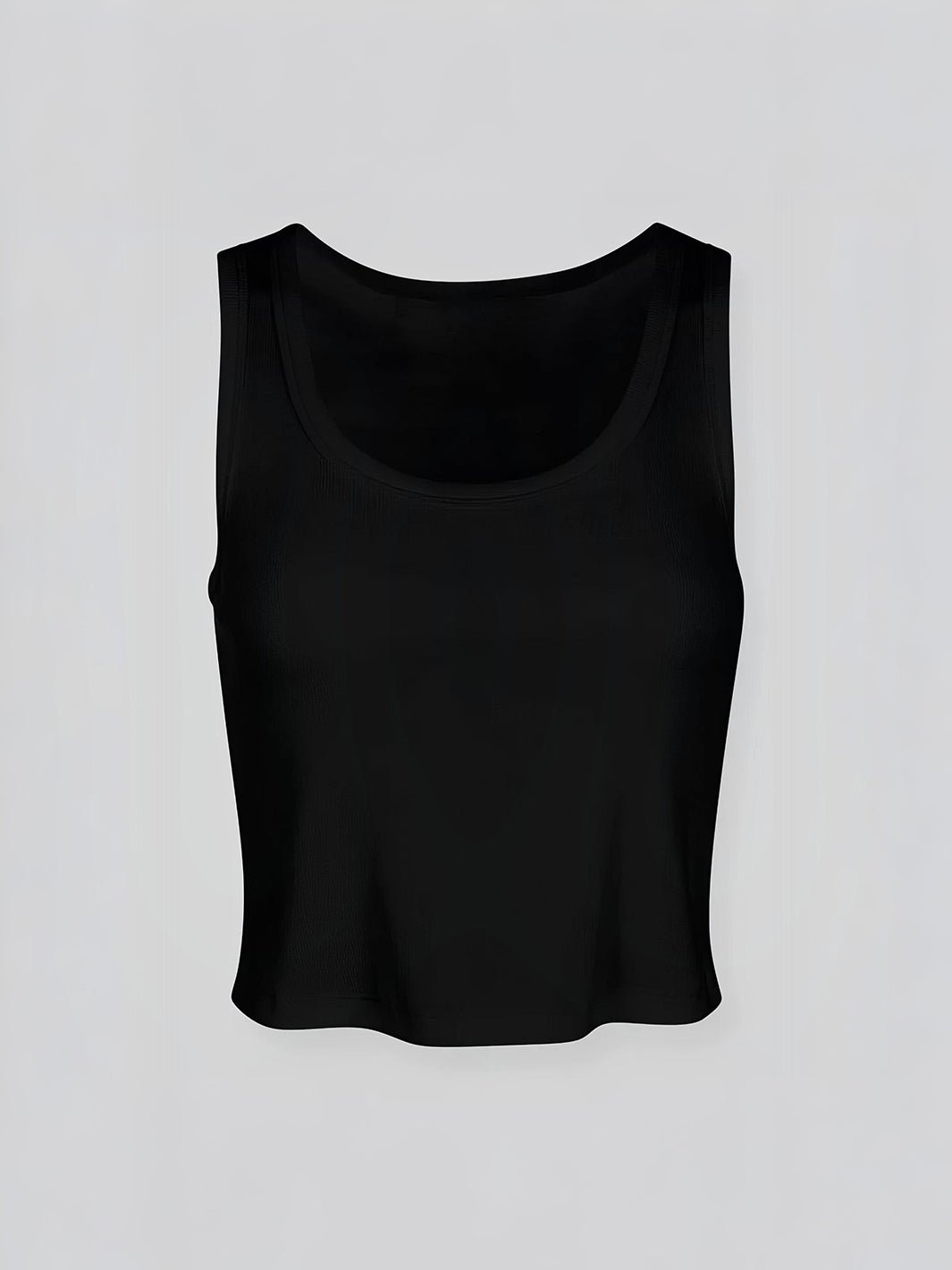 Black ribbed tank top, sleeveless with scoop neckline (flat lay)