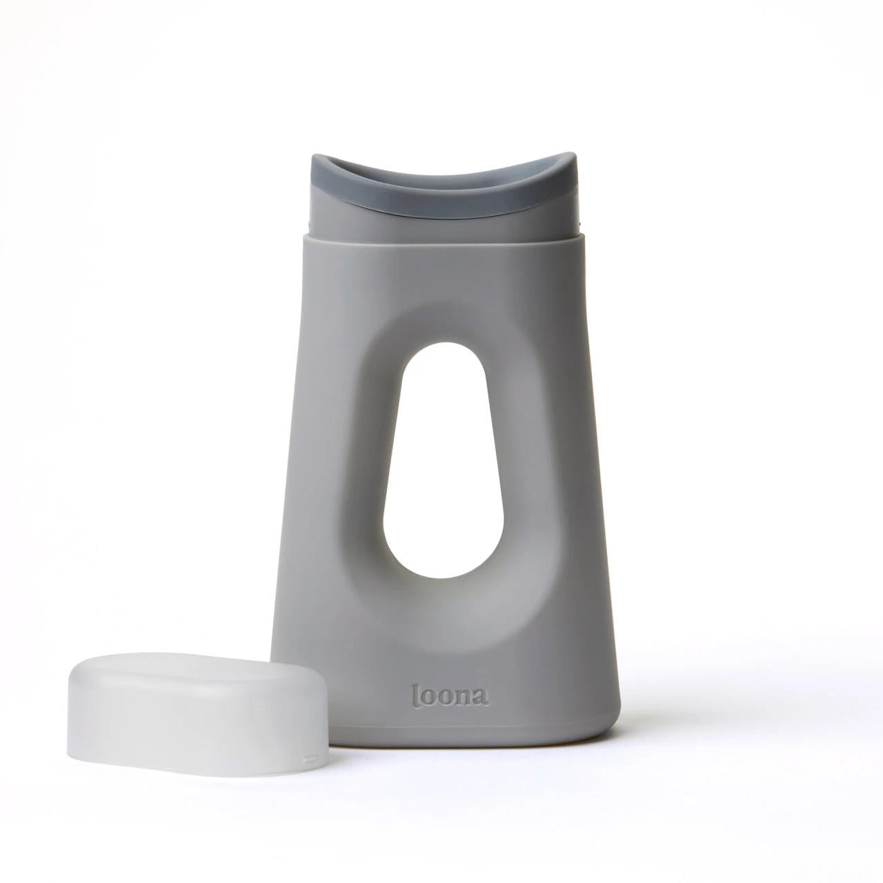 Moon Grey female urinal with closure, compact molded plastic with oval opening