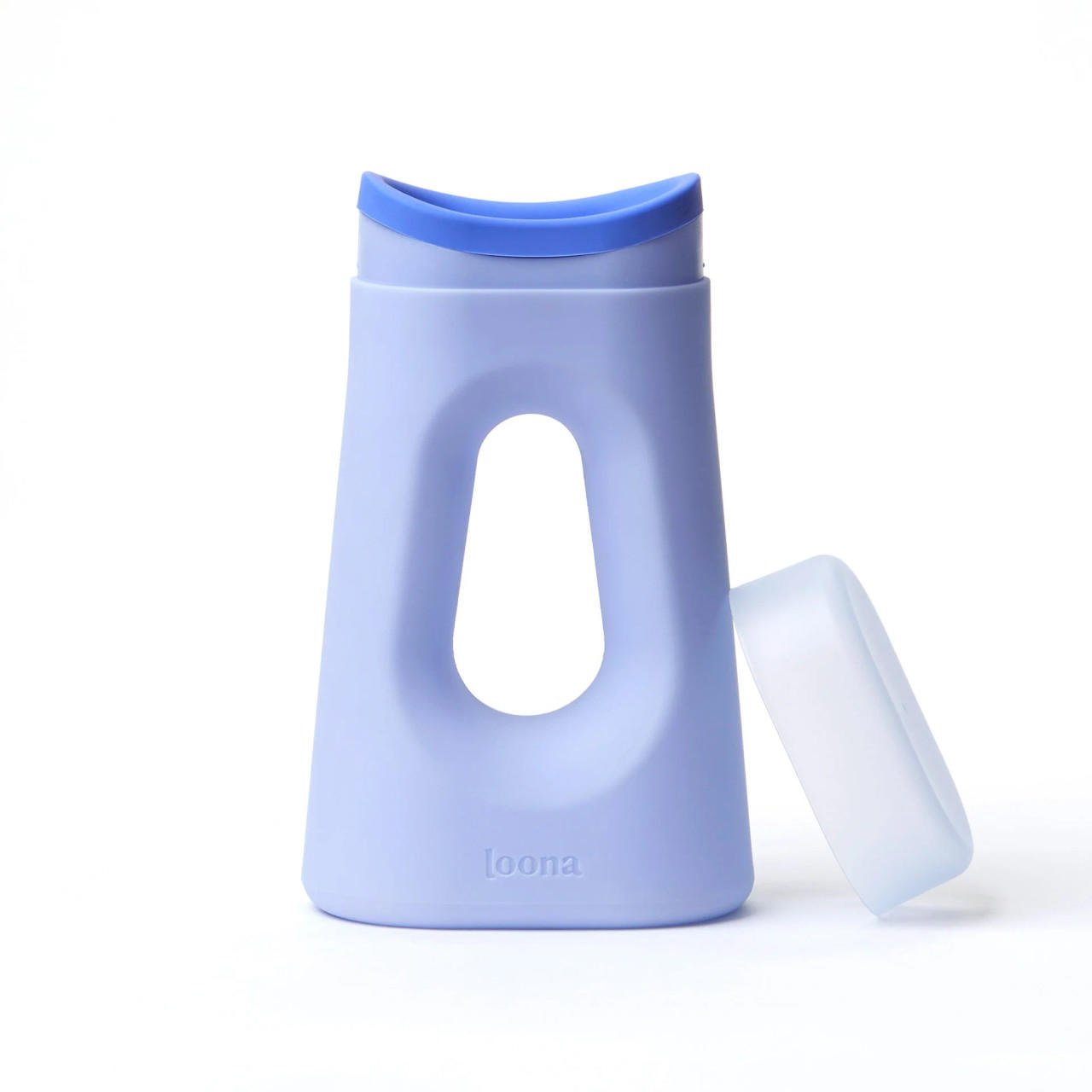Loona Blue female urinal with closure, compact molded plastic and removable cap